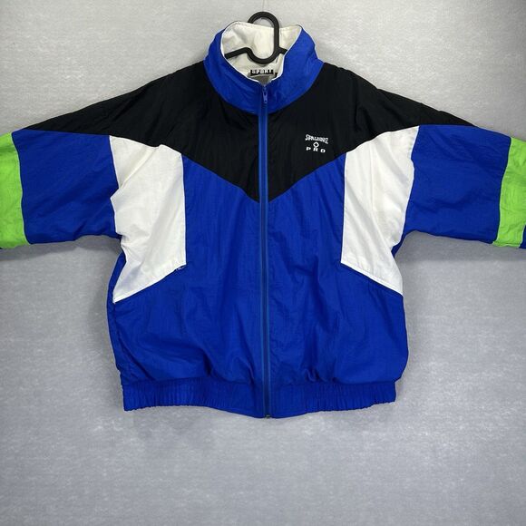 Vintage Spalding Jacket Mens Large Neon Blue Black White Windbreaker 90s Nylon - Picture 12 of 13